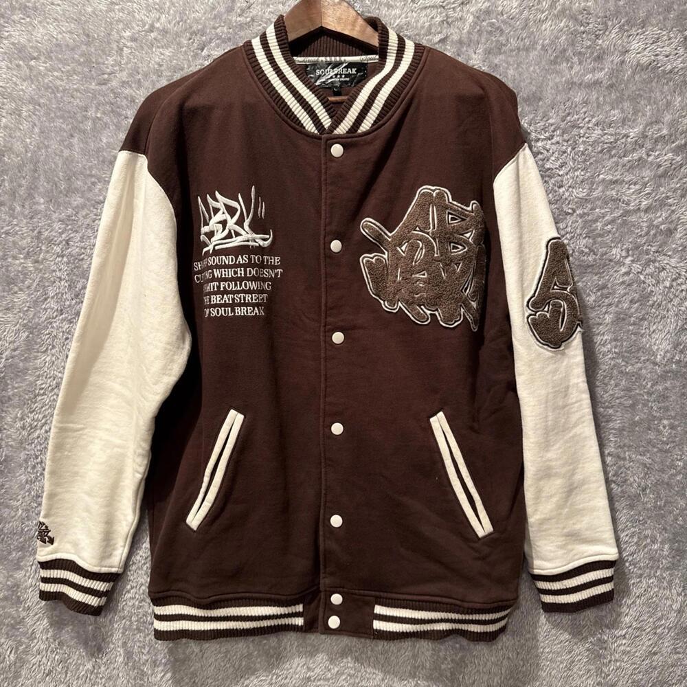 Soulbreak Varsity Jacket Sz Large Brown Fleece Embroidered